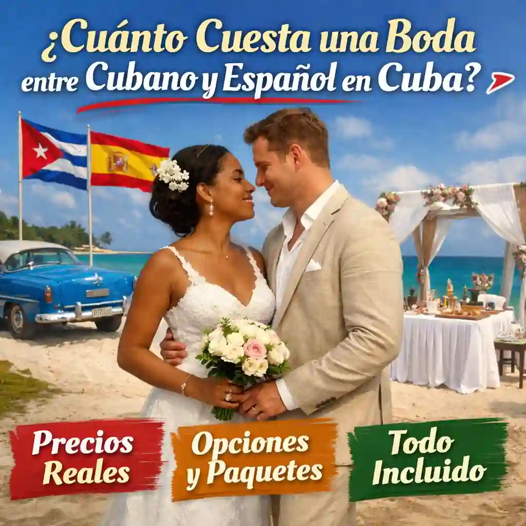 Pareja cubano-española celebrando su boda en la playa de Cuba, con decoración romántica, banderas y ambiente tropical.