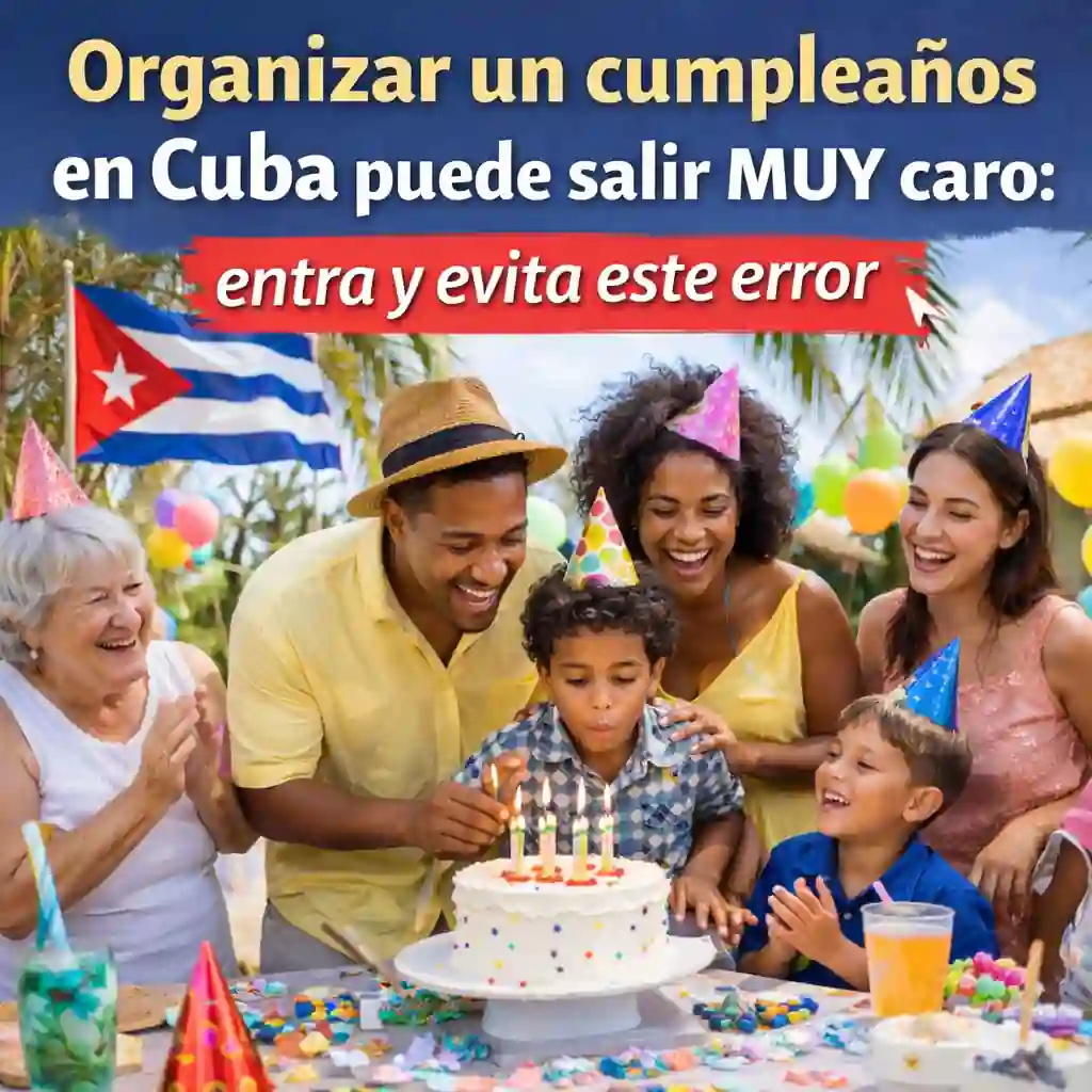 Niño cubano soplando velas en su fiesta de cumpleaños rodeado de familia feliz en la playa, con bandera cubana y decoración tropical.