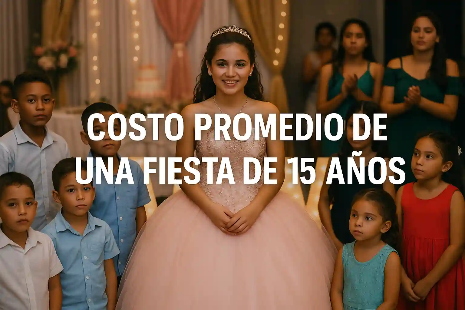 Niña quinceañera con vestido rosa rodeada de niños en una fiesta en Cuba, con el texto “Costo promedio de una fiesta de 15 años”.