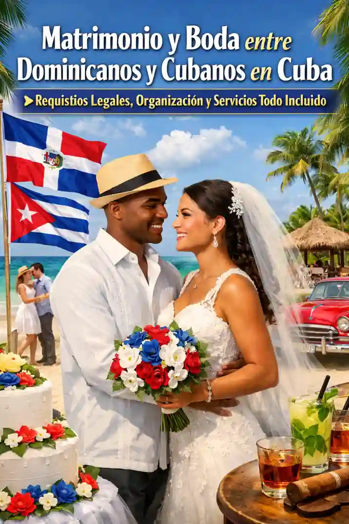 Pareja dominicana y cubana celebrando su boda en la playa en Cuba con banderas y decoración tropical