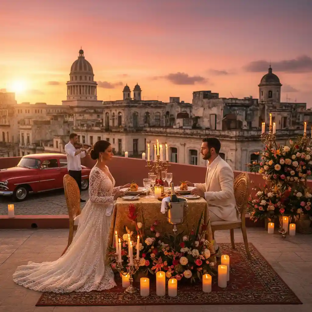 Pareja elegante disfrutando de una cena romántica en La Habana Vieja, ambiente colonial nocturno con luces cálidas y mesas al aire libre.