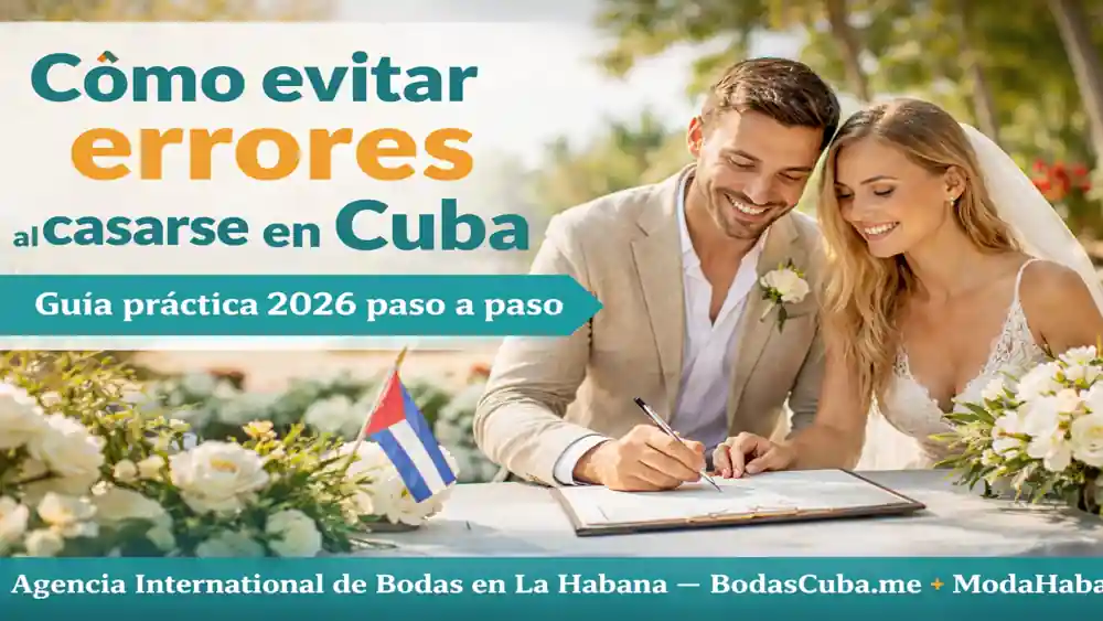 Pareja feliz firmando su boda legal en Cuba, rodeada de flores blancas y la bandera cubana