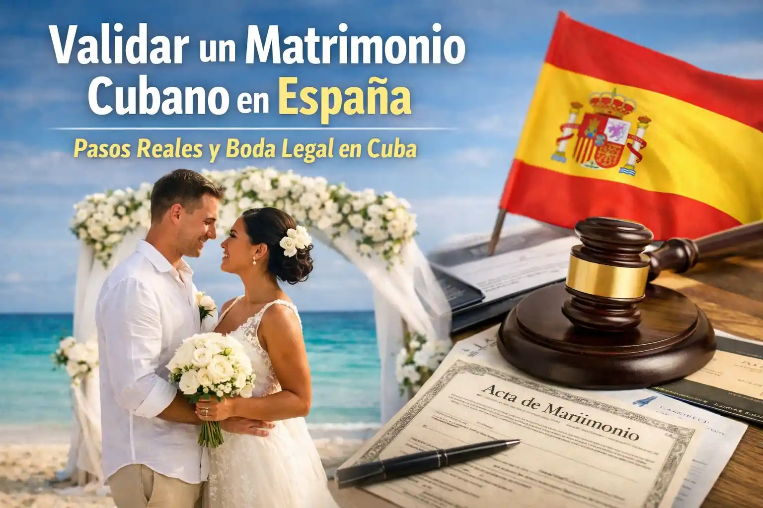 Pareja recién casada en Cuba con documentos de matrimonio en mano, representando el proceso para validar un matrimonio cubano en España, con organización profesional de boda legal en Cuba y apoyo de agencia internacional de bodas.