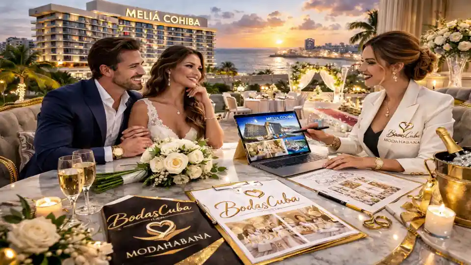 Pareja de novios reunida con wedding planner en un salón elegante del Hotel Meliá Cohiba en La Habana, planificando una boda personalizada en Cuba.