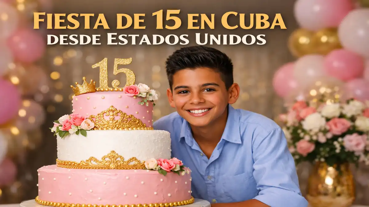 fiesta de 15 en Cuba desde Estados Unidos con quinceañera cubana celebrando con pastel en La Habana rodeada de familia y decoración elegante
