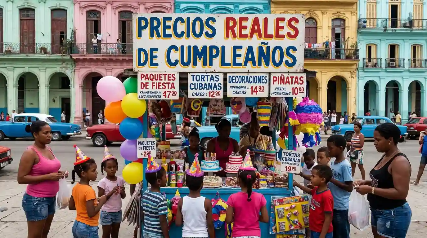 Una imagen fotográfica realista en una calle de La Habana, Cuba, que muestra un puesto de artículos para fiestas con un cartel grande que dice "PRECIOS REALES DE CUMPLEAÑOS". En el puesto se aprecian pasteles, piñatas, globos coloridos y decoraciones festive. Varias personas, incluyendo adultos y niños con gorritos de fiesta, se encuentran alrededor del mostrador. El fondo presenta la arquitectura clásica colonial con fachadas de colores vibrantes y automóviles antiguos circulando por la calle.