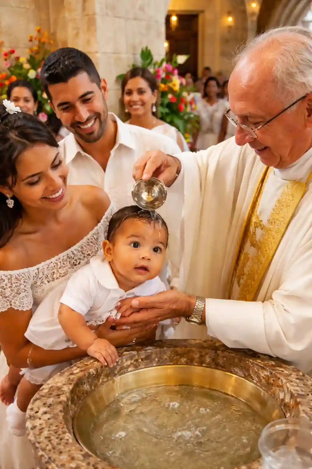 bautizo en Cuba con sacerdote bautizando a un bebé en iglesia con familia presente durante ceremonia religiosa