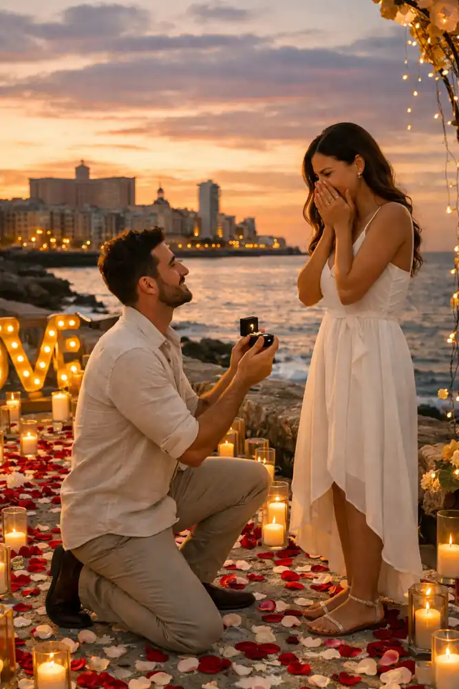 pedida de mano en Cuba al atardecer en La Habana con propuesta de matrimonio romántica frente al mar, decoración con velas y flores y hombre arrodillado con anillo