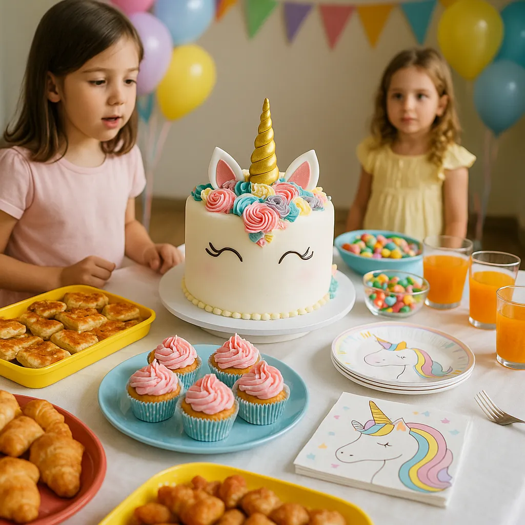 🎂 Buffet temático de unicornio para cumpleaños infantil en La Habana con decoración colorida, pastel y niñas felices