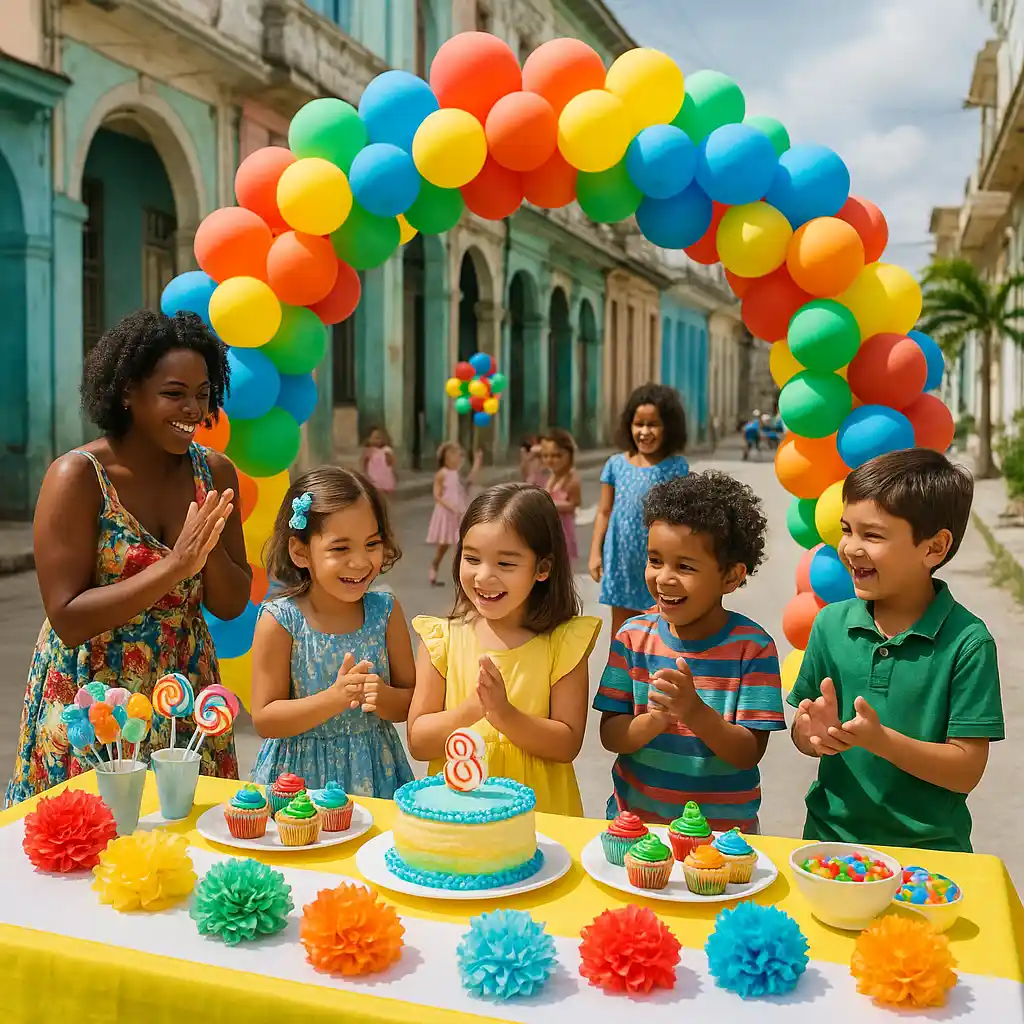 Decoración de cumpleaños en Cuba con niños sonrientes, pastel, globos de colores y ambiente festivo en una calle típica de La Habana.