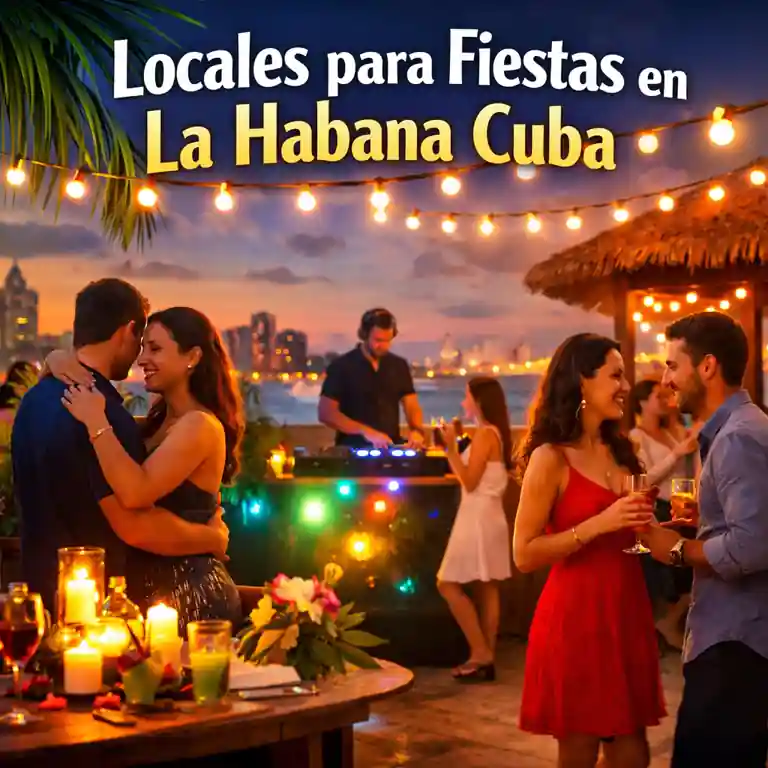 Locales para fiestas en La Habana Cuba con parejas celebrando un evento nocturno, ambiente tropical, luces decorativas y música en un espacio privado.