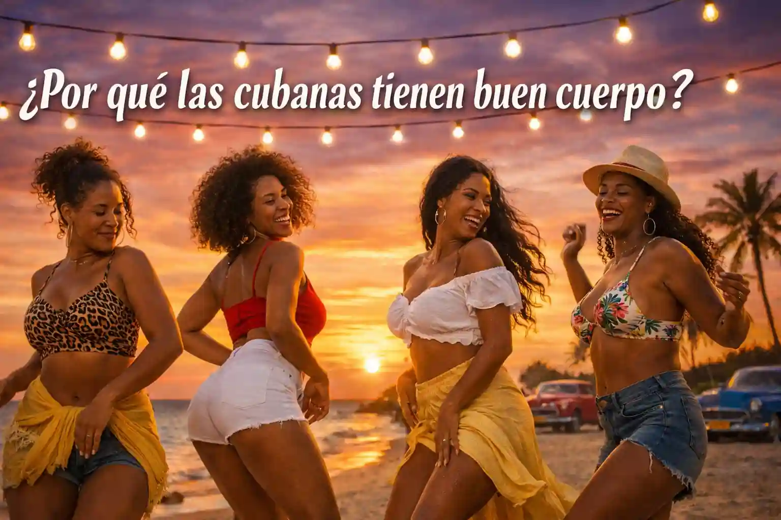 Mujeres cubanas bailando en la playa al atardecer, cuerpos armoniosos y energía caribeña bajo un cielo tropical con colores cálidos.