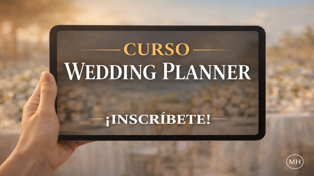 Tablet sostenida por una mano con el texto “Curso Wedding Planner” en pantalla sobre fondo desenfocado, imagen promocional del curso profesional de wedding planner en Cuba.